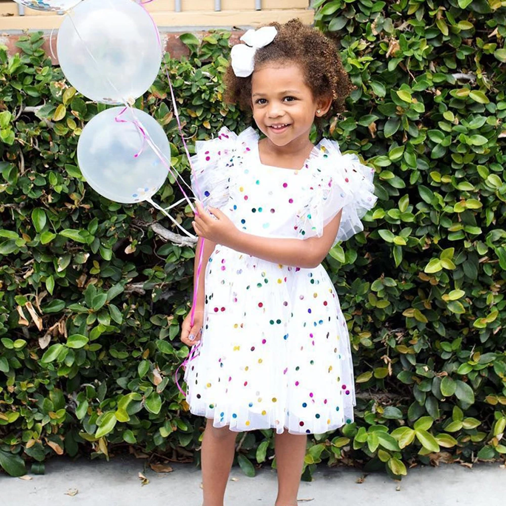 

chifuna 2018 New Arrive Girls Princess Dress Colorful Sequined Dots Children Clothing Patchwork Mesh Party Dress For Kids Grils