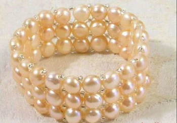 

Free shipping@@@@ @ 3 Rows Genuine 8-9 mm Pink Pearl Stretchy Bangle Bracelet