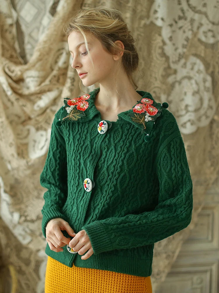 

LYNETTE'S CHINOISERIE Autumn Winter Original Design Women Mori Girls Vintage Cute Embroidery Short Knitted Sweater Cardigans