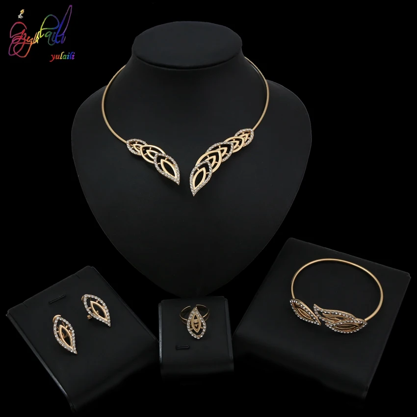 

Yulaili Newly Designed Gold Silver Hollow Leaf Shape Necklace Jewelry Set Female Luxury Elegant For Party