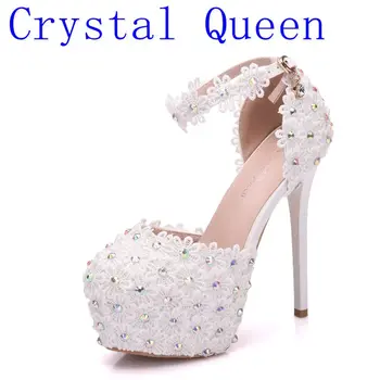 

Crystal Qeen White Lace High-Heeled Shoes Platform Round Flower Bride wedding Shoes Wristband AB Color Diamonds Pumps Sandals