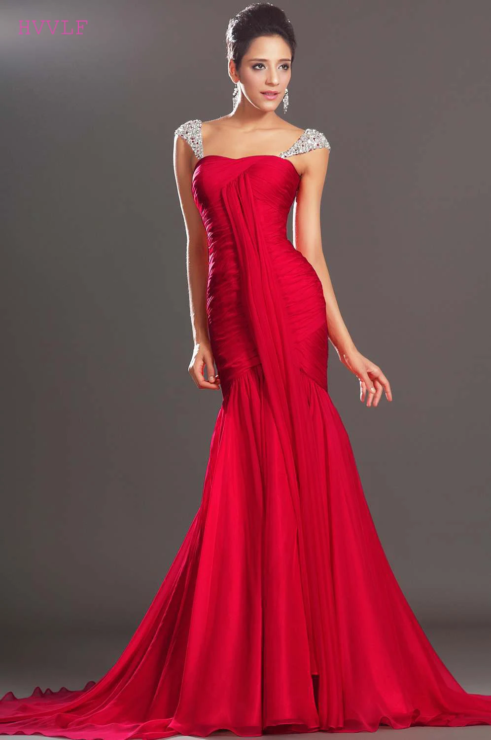 Red Evening Dresses 2018 Mermaid Cap Sleeves Chiffon Beaded Backless ...