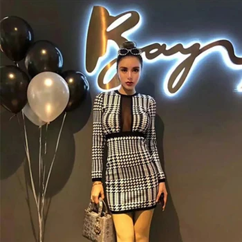 

Spring 2019 Mini Dress Sexy Celebrity Elegant Full O Neck Women Patchwork Night Club Strapless Body con Party Dresses Wholesale