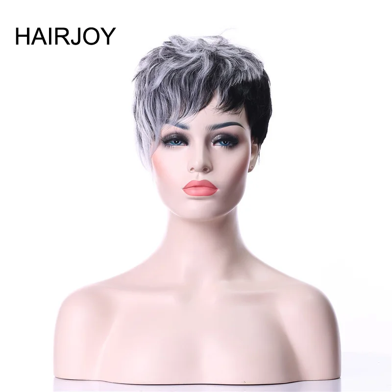 

HAIRJOY 2 Tones Gray Wig Natural Short Curly Synthetic Hair Wig 2 Colors Available