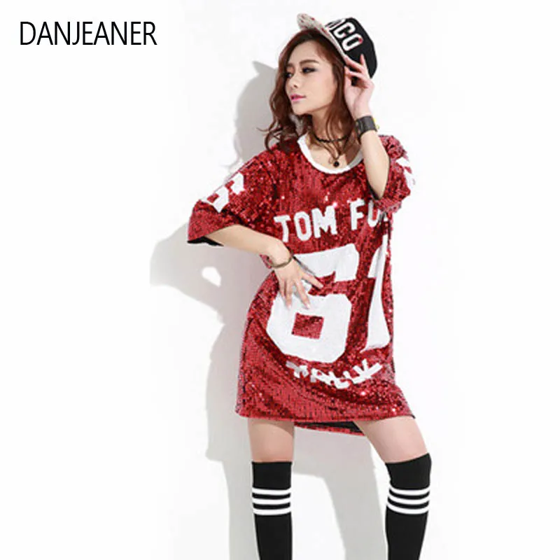DANJEANER, Женская Клубная хип-хоп Футболка с блестками, свободные футболки, блестящие топы, рождественские Модные футболки с короткими рукавами и круглым вырезом для девочек