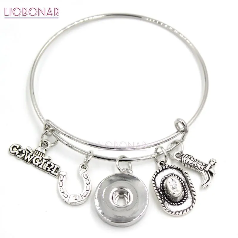 

1PC Cowgirl Charm Bracelet Adjustable Bangle Western Cowgirl hat boot Charms 18mm Snap Button Bracelets Women Jewelry Pulsera