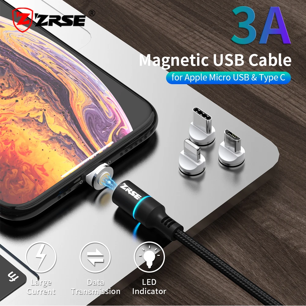 

ZRSE 3A Fast Charging Magnetic Cable USB Type C Cable Micro USB Cables For iPhone 5 6 7 8 XS XR X 3 In 1 LED Quick Charge 3.0