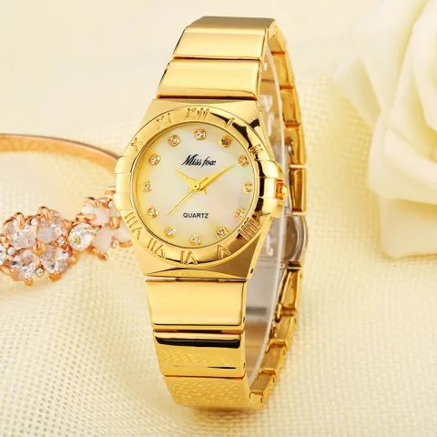 MISSFOX элегантные часы женские с кристаллами римскими цифрами жемчужная оболочка классические женские золотые часы водонепроницаемые женские кварцевые наручные часы - Цвет: V2806