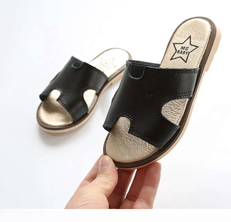 2017 кожаные тапочки лето для детей девочек Пляжные Тапочки дети бренд тапочки Chaussure Enfant кожа малыша обувь