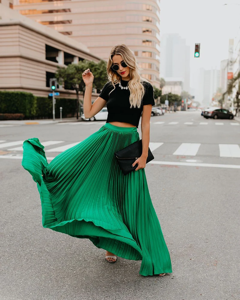 Miguofan Pleated Skirt Women High Waist Long Skirts Loose Streetwear Solid Black White Maxi Skirts Summer Jupe Femme