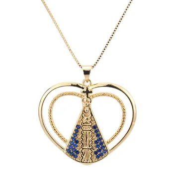 

12pcs South American foreign trade sells two layers of heart shaped Goddess Pendant bronze gilded religious zircon Necklace