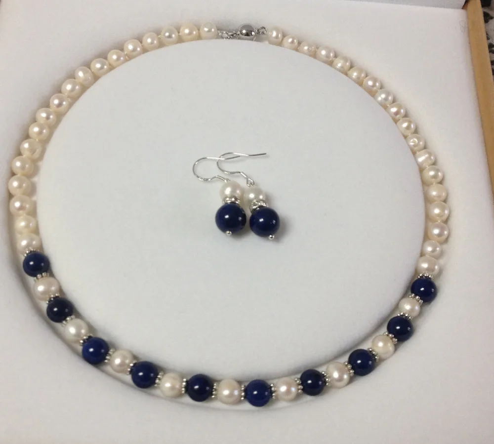 

Free Shipping >>>>>Charming!White Akoya Cultured Pearl/Lapis Lazuli necklace earrings set A23