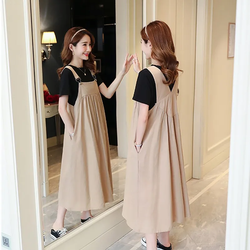 

Summer Maternity Dress Tide Mom Strap Dress Loose Solid Color Pregnant Women Strap Dress + Short-Sleeved T-Shirt Pregnancy