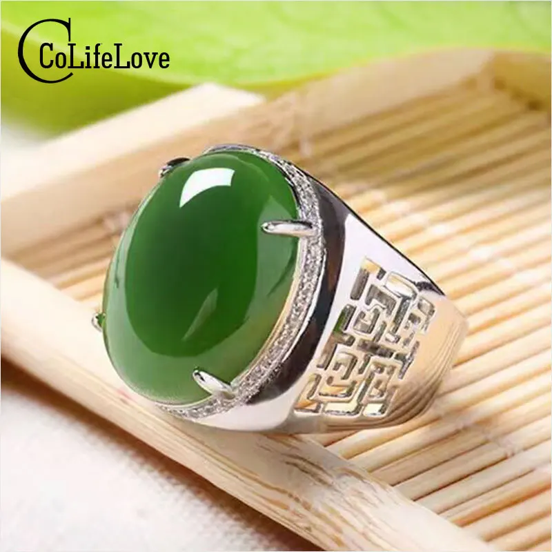 Chinese style green jade man's ring 12*16mm natural jade vintage 925