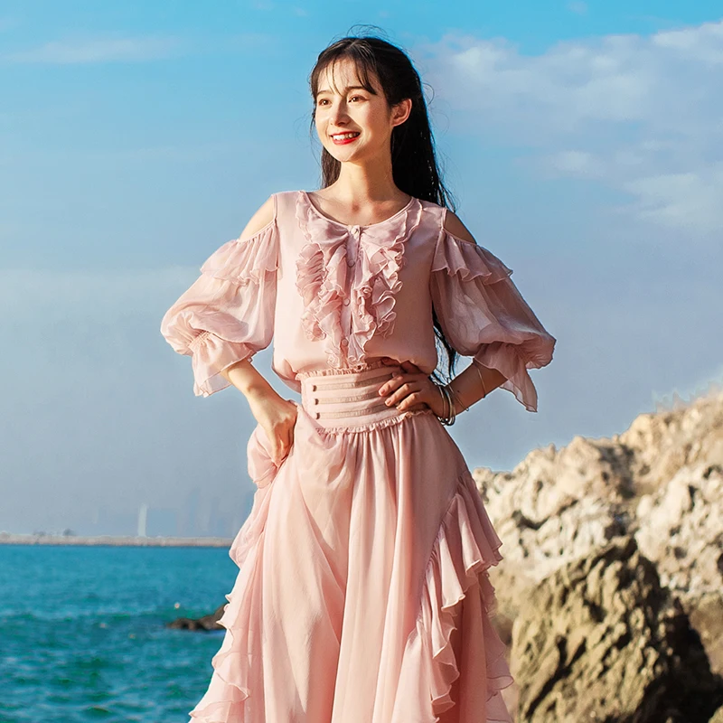 

Free Shipping Boshow 2019 New Ruffles White Shirts For Women Three Quarter Sleeve Chiffon Blouses Tops S-L Spring And Autumn