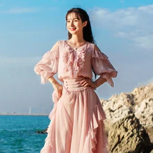 Free Shipping Boshow 2019 New Ruffles White Shirts For Women Three Quarter Sleeve Chiffon Blouses Tops S-L Spring And Autumn
