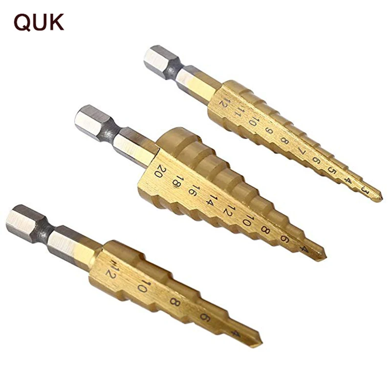 QUK Step Drill Bits Set 3-12mm 4-12mm 4-20mm 3pcsset Titanium HSS High Speed Wood Metal Drilling Power Tool Accessories1