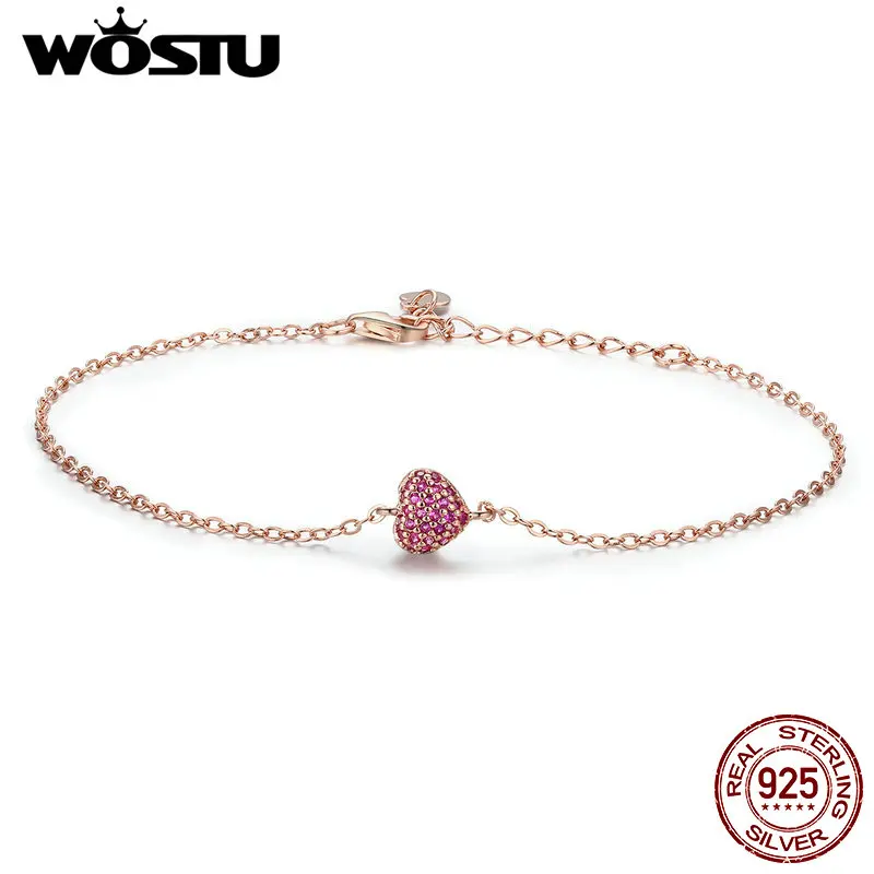 

WOSTU 925 Sterling Silver Rose Gold Romantic Heart Chain Link Bracelet For Women Lobster Clasp Bracelet Jewelry Gift DXB050
