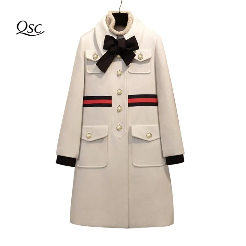 2019 Thick Coat Women Bow Slim Pocket Wool Winter Jacket Women Slim Woolen Long Cashmere Coats Cardigan Jackets Elegant Blend