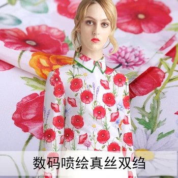 

Red flowers digital printing silk crepe de Chine spring and summer clothing shirt fabric natural silk fabric 114 wide 14mm