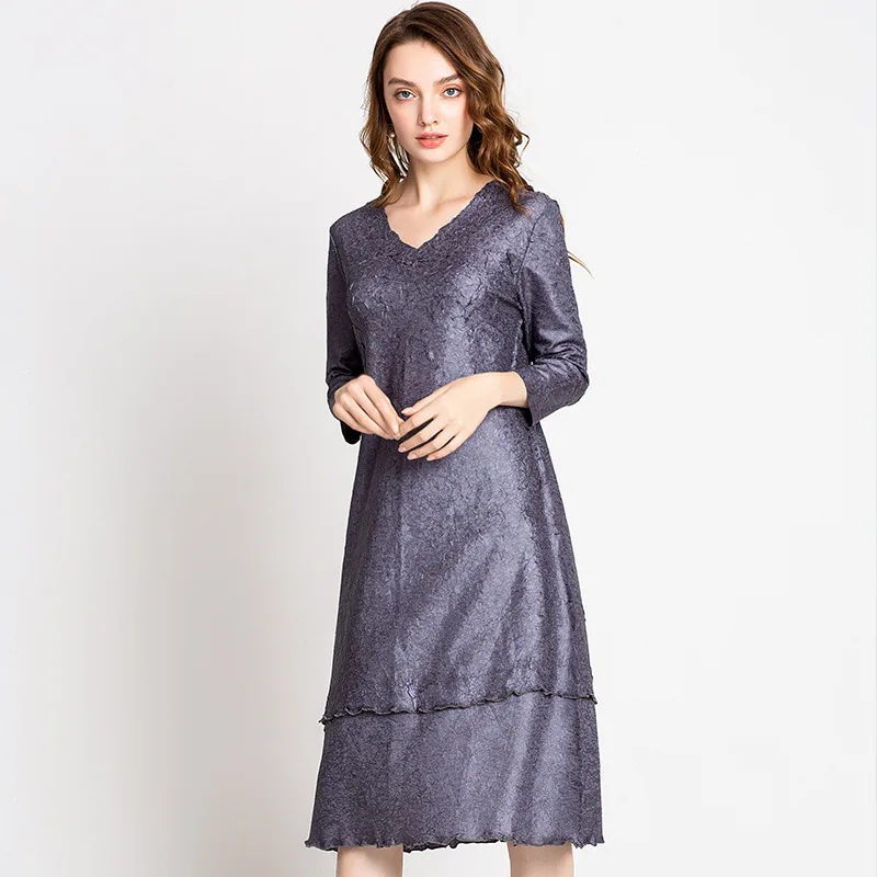 

Plus Size Women Dresses Autumn Winter 2019 New Stretch Miyake Pleats V-Neck Boutique Loose A-Line Casual Dress Over The Knees