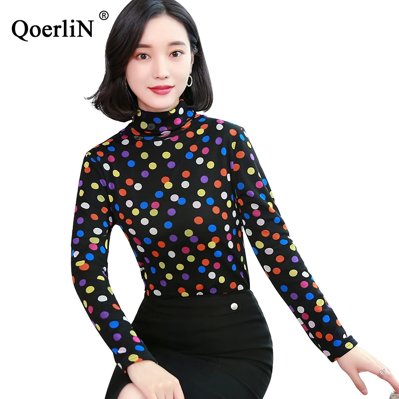 QoerliN Plus Size Turtleneck Tops T Shirts Women Polka Dot Tops Tees ...