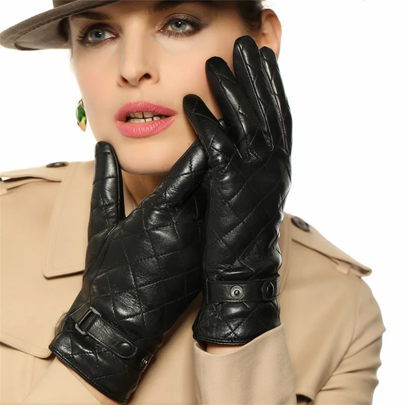 2019 NEW Women's Genuine Leather Gloves Female Fashion Elegant Sheepskin Gloves Autumn Winter Warm Velvet Lined L121NC-1