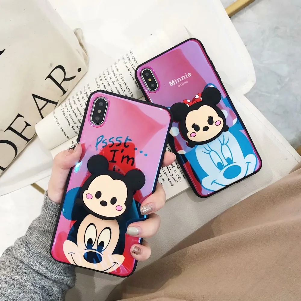 

3D cute cartoon Minnie Mickey blue-ray silicone phone case for iphone 7 8 6 6s plus X XR XS MAX holder stand coque