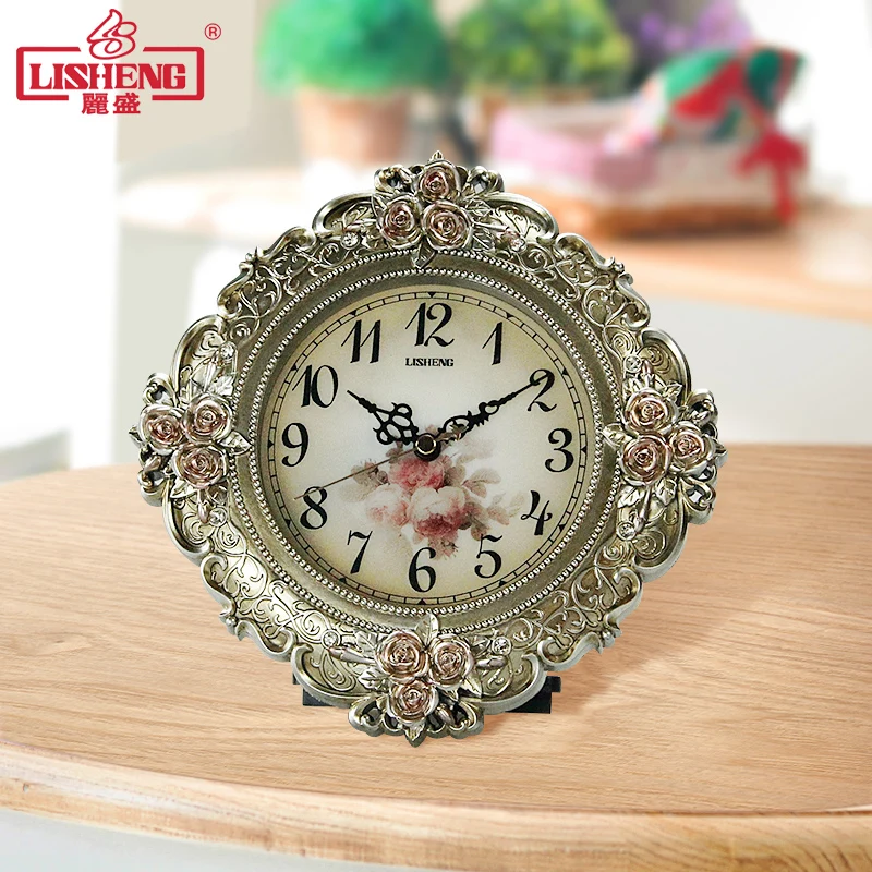 

Rose Carved Circular Desk Clock European Style Mute Resin Table Clock for Living Room Home Decorative