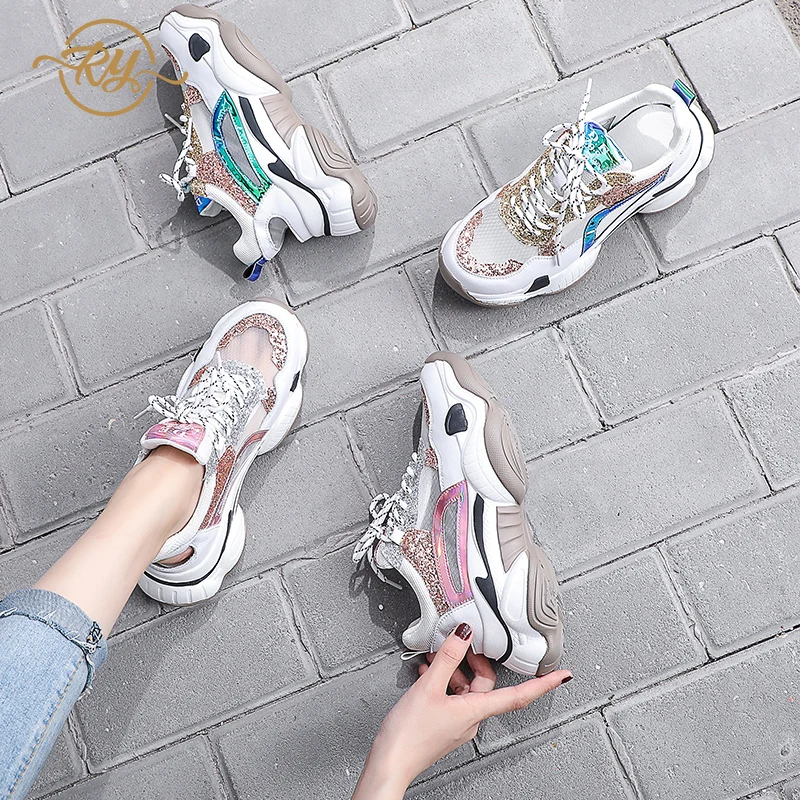 

RY-relaa leather hollow mesh breathable women's shoes 2019 new summer sequins tide shoes wild sports shoes