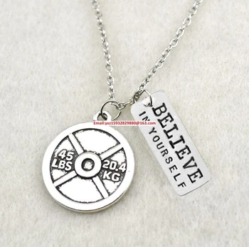 

Fitness Weightlifting jewelry 30pcs Vintage Circle 45LBS 20.4KG Weight Plate and Believe In Yourself sport necklace