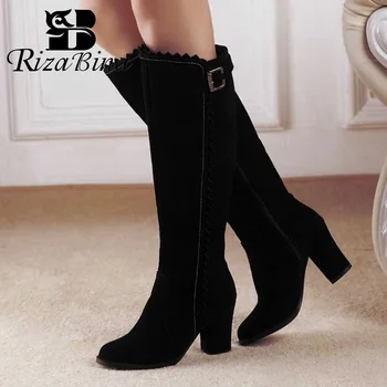 

RizaBina Plus Size 32-48 Sexy Women Knee High Boots Winter Fur Warm Shoes Women Buckle High Heel Boots Ruffles Zipper Shoes