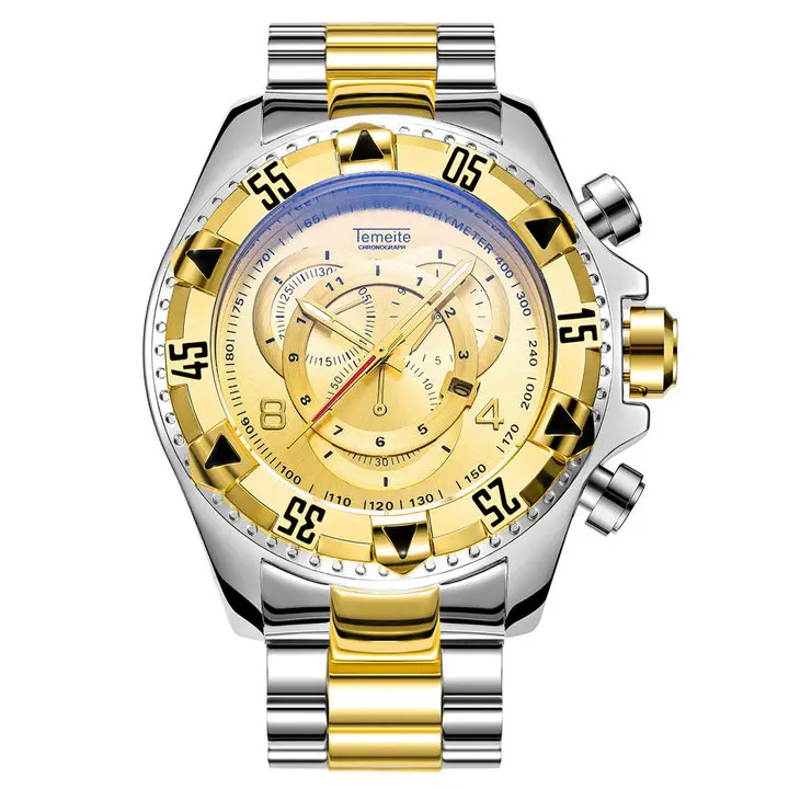 TEMEITE винтажные модные часы для мужчин кварцевые часы Медь Нержавеющая сталь ремешок Дата дисплей Лидирующий бренд роскошный большой чехол наручные часы - Цвет: GOLD