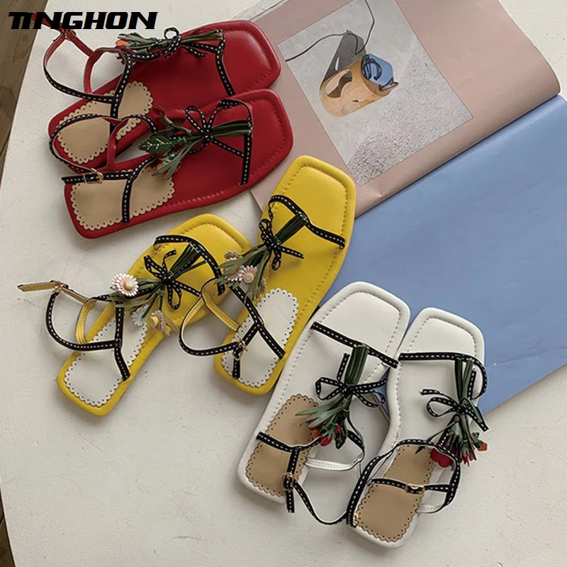 

TINGHON French Style Flower Flat Sandals Women Elegant Mixed Colors Summer Sandals Vintage Square Toe Sandals Shoes