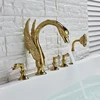 Widespread Swan Bathtub Faucet Golden Tub Mixer Tap Deck Mounted 3 Handle Swan Bath Shower Set with Pull Out Handshower Head 3
