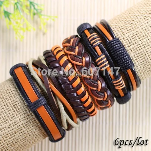 

Free Shipping 6pcs/lot Fashion Wrap Genuine Leather Bracelet With Braided Rope Unisex Pulseira De Couro Masculina Feminina -S90
