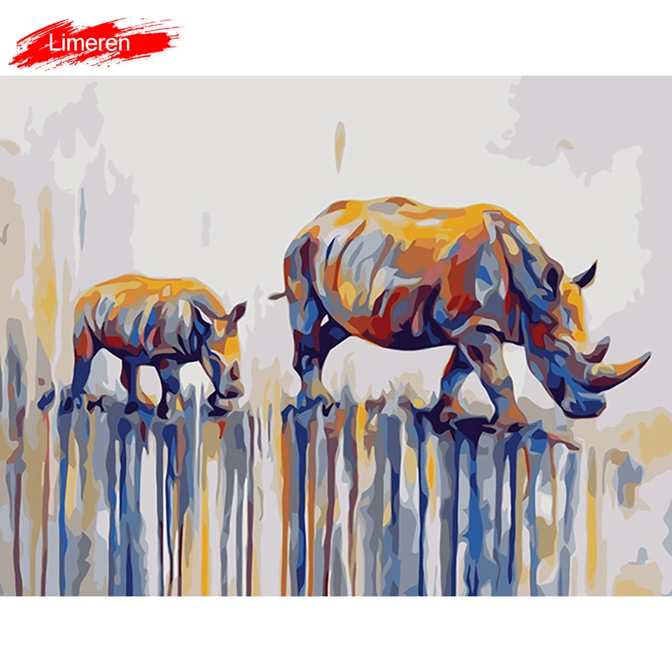 

DIY Frame Painting By Numbers Oil Canvas Wall Art Picture Colorful Rhinoceros Abstract Coloring By Number For Home Decor 40x50CM