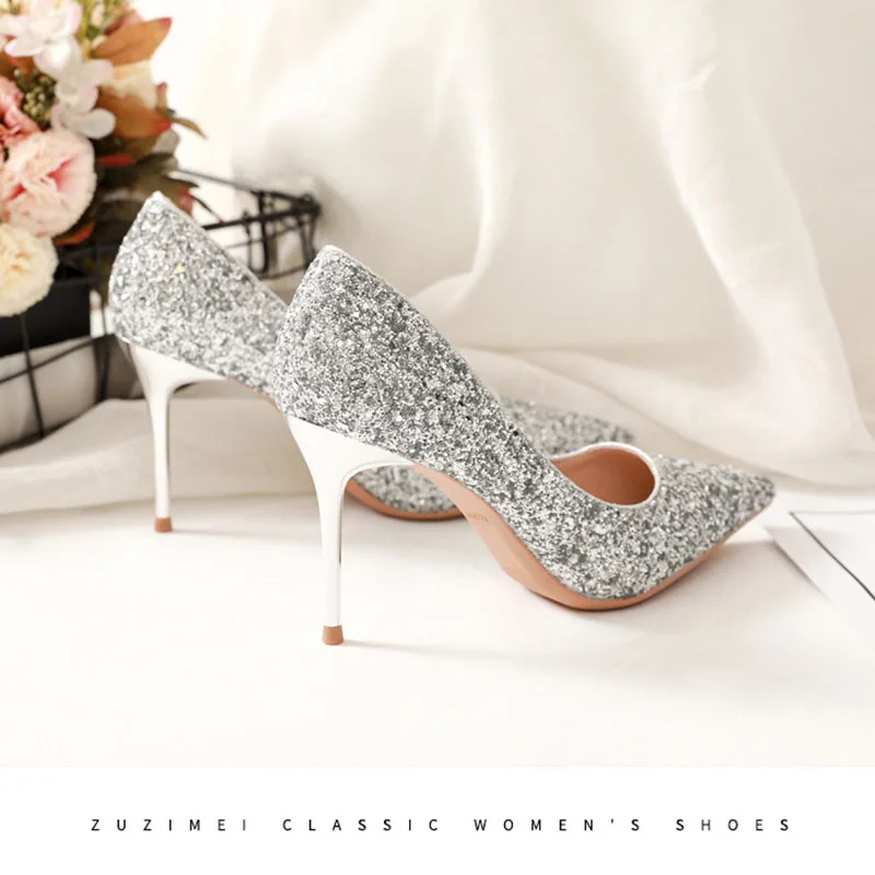 Wedding Shoes Womens Single Shoes Shallow Sequins Tip High-heeled Shoes Fine-heeled 2019 New Women's Shoes Fashion Spring Summer Wedding Shoes Womens Single Shoes Shallow Sequins Tip High-heeled Shoes Fine-heeled 2019 New Women's Shoes Fashion Spring Summer