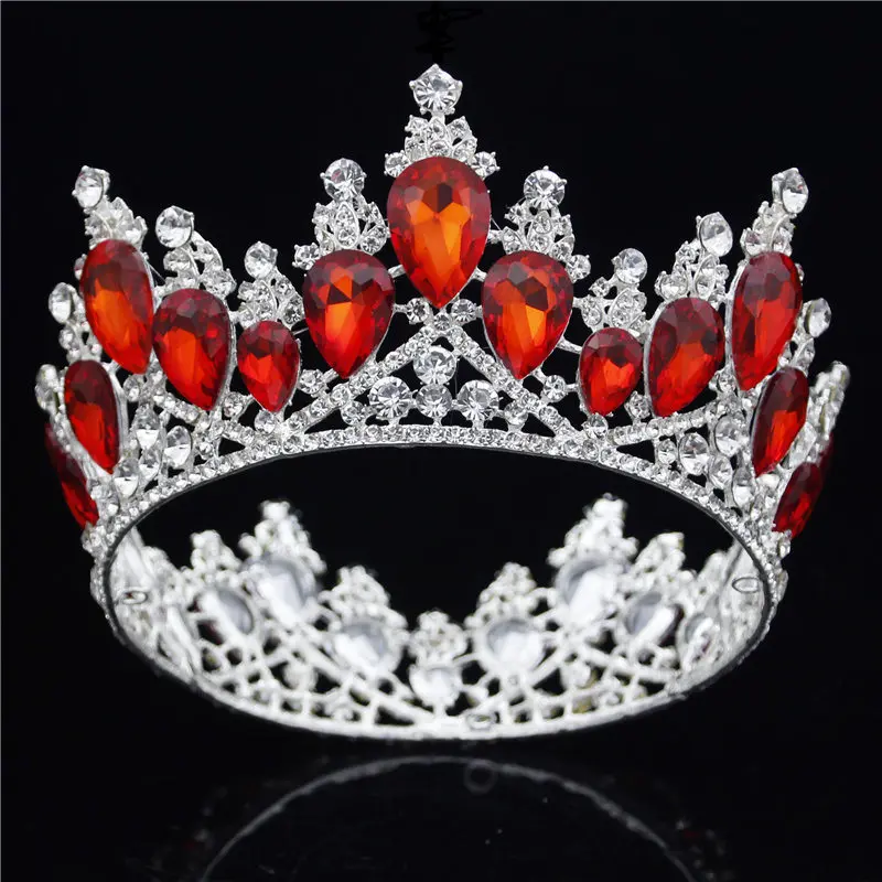 Потрясающая Серебряная кристальная полная круглая Корона невесты, роскошная свадебная диадема, корона для невесты, ювелирные украшения для волос, аксессуары - Окраска металла: Silver Red