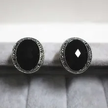 Corea del Retro de gama alta la mujer joyería naturales piedra preciosa semi negro ágata pendientes de plata Oval exageró el regalo novia