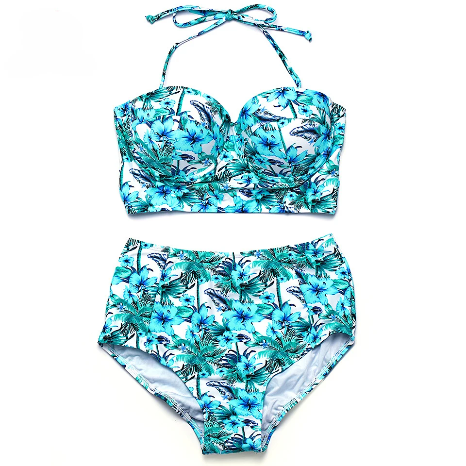 

5 color sexy halter bikini Tightly high elastic swimwear women Blue Pink printing ladies swimsuit Free shipping S M L XL XXL
