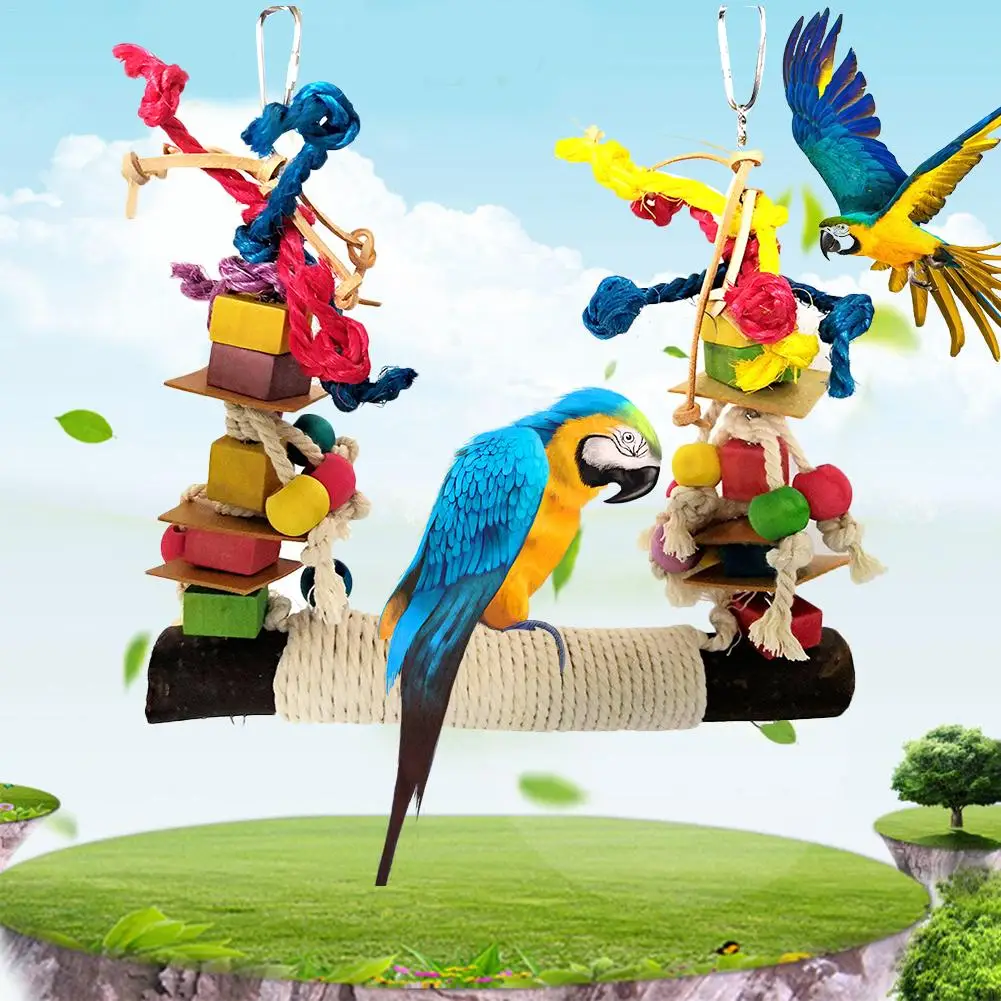 

Parrot Toy Chewing Bite Hanging Cage Swing Climb Chew Toys Bird Perch Leather Colorful Building Block Cotton Rope Swing For Pet