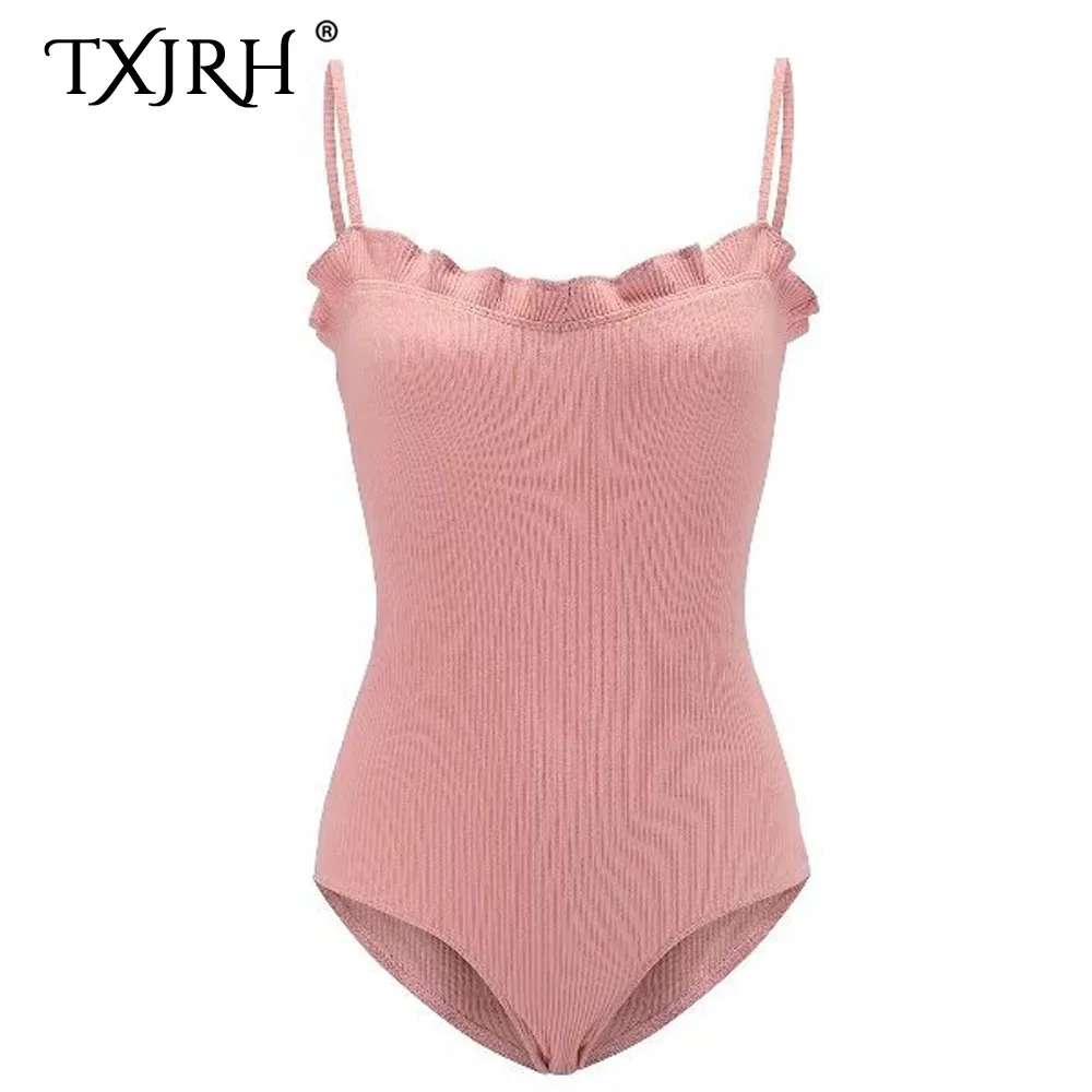 

TXJRH Sexy Knitted Ruffles Wood Ears Thread Elasticity Romper Body Siamese Bodysuit Playsuits Spaghetti Strap Undershirt 7 Color