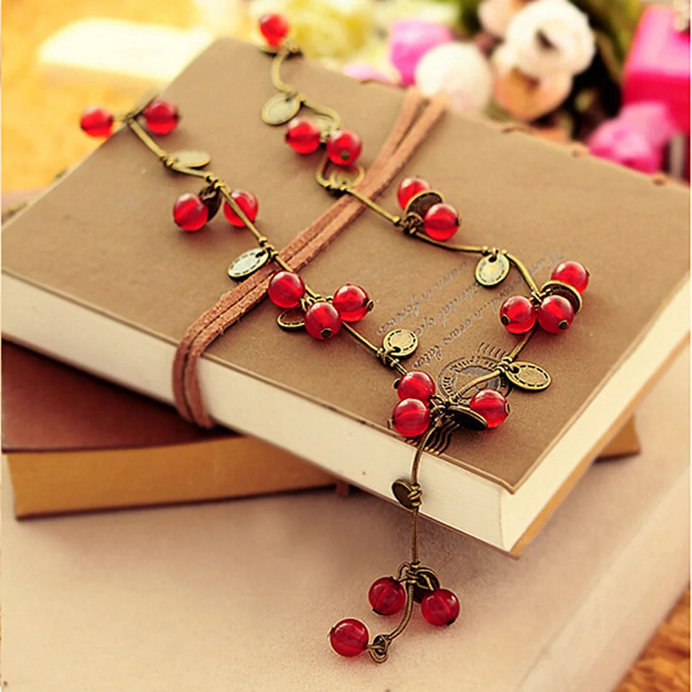 

New Fashion Women Necklace Beautiful Lovely Sweet Red Cherries Pendant Jewelry