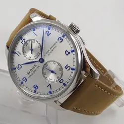 43 мм parnis серебристо-белый циферблат кожаный запасной хронограф синие метки SS Case ST 2542 автоматические механические мужские часы