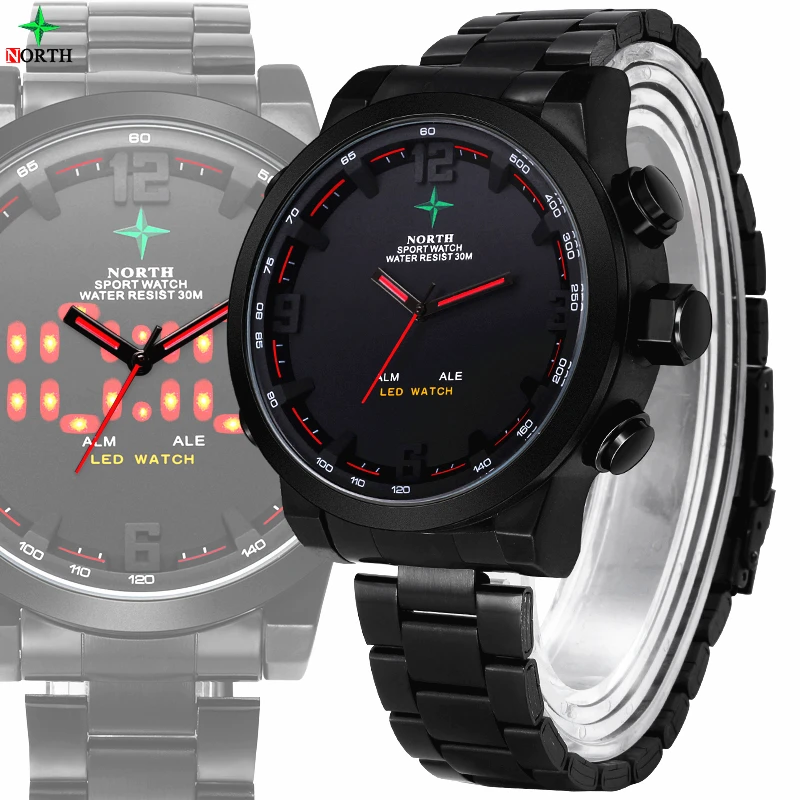 NORTH Men's Watches LED Military Digital Sports Quartz Watch Fashion Waterproof Stainless Steel Clock | Наручные часы