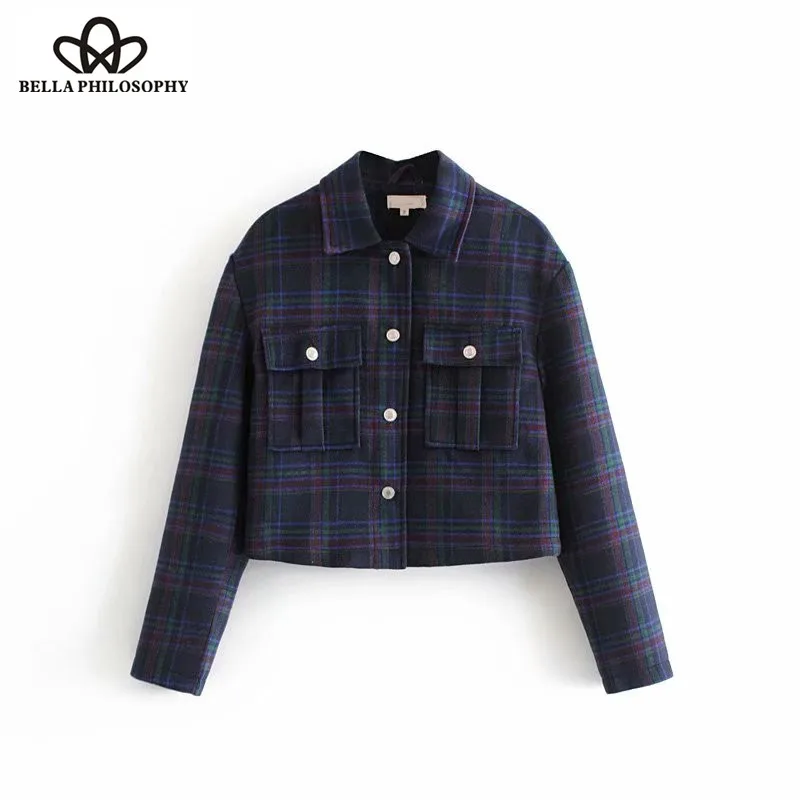 Wonder 2018 new autumn Vintag double pocket plaid woolen Jacket ladies chic long sleeve casual slim outwear Coat brand Tops
