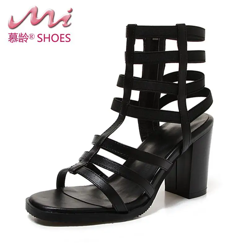 

Cow Leather 8cm High Heels Black Gladiator Women Shoes 2017 New Fashion Party Square Heel Thick Shoes Women Superstar Sandals