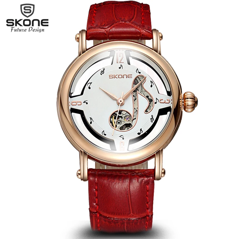 Prix pour Skone femme Notes Rose or automatique auto - vent mécanique montres femmes véritable bracelet en cuir squelette montre mode dames Prix pour Skone femme Notes Rose or automatique auto - vent mécanique montres femmes véritable bracelet en cuir squelette montre mode dames