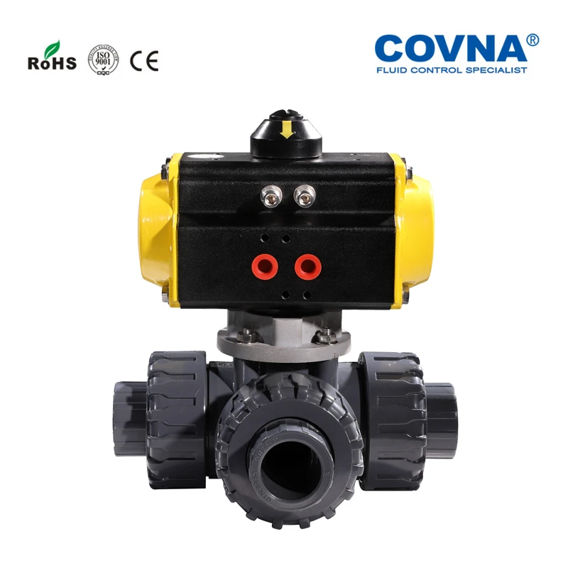 3/4 дюймов ПВХ Пневматический 3 способа шаровой клапан соединение пружинный возвратный PN10Bar PTFE сиденье T порт L порт